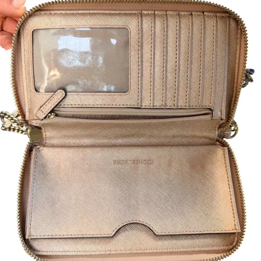 Michael Kors Wallet Rose Gold Glitter Zip Around Continental Wristlet Large Glam